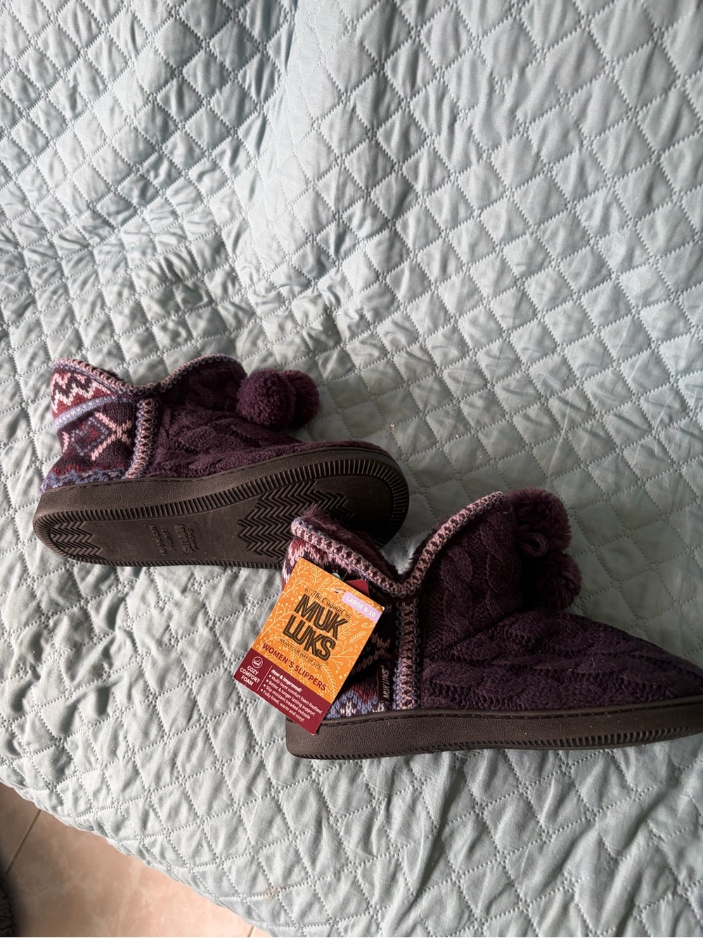 Muk Luks Women's Pom Knit Slipper Boots in Plum
